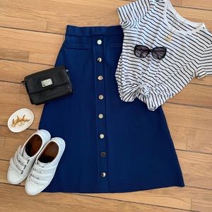 Blue knit faux button midi skirt